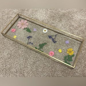 Natural Dried Floral Inlay Glass Vanity Tray W Gold Trim